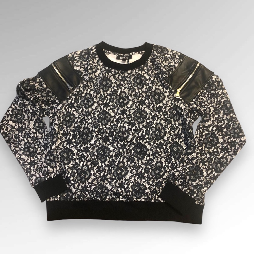 Y2K DKNY Shoulder Zip Lace Geometric Print Crewneck Black White Sweatshirt XS